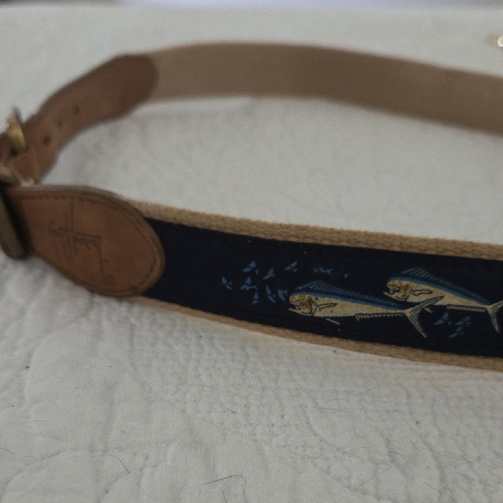 GUY HARVEY Nautical Fish Pattern Belt with Tan Details 34in
